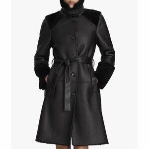 Black Faux Shearling Belted Coat